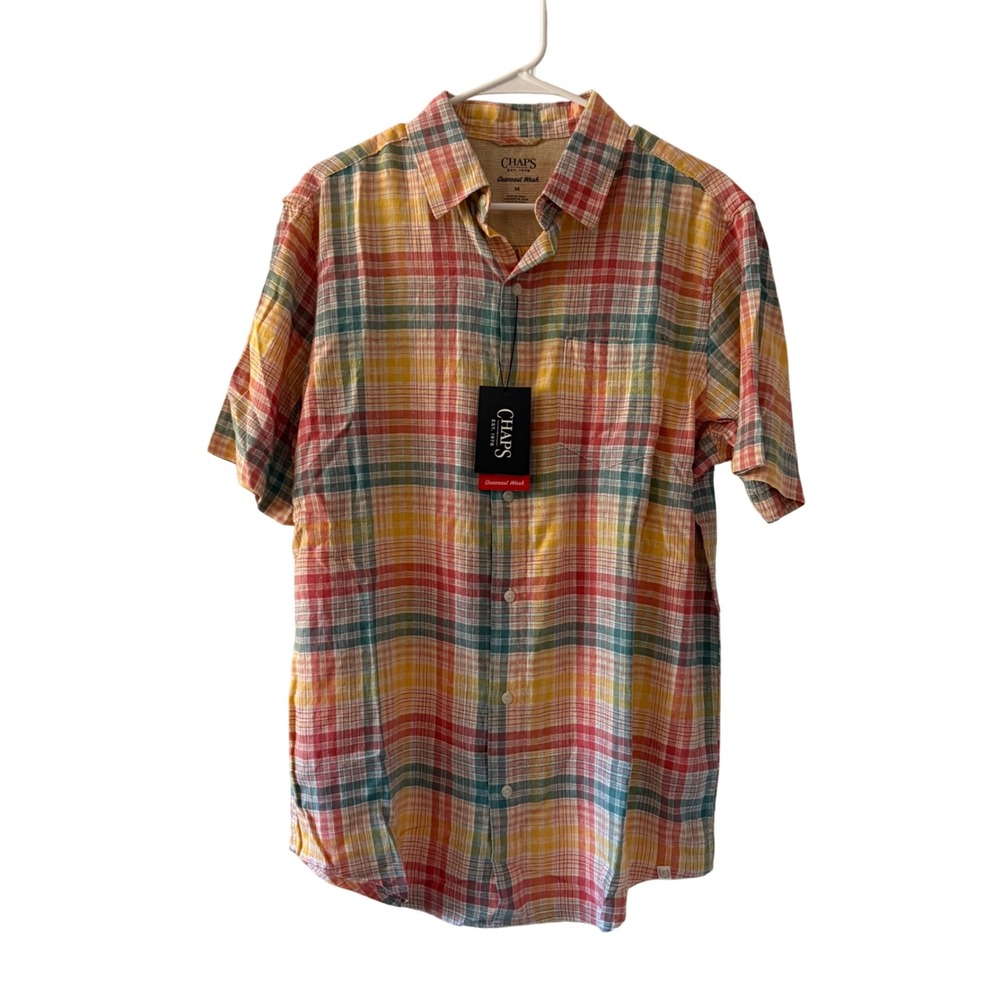 New Chaps Seacoast Wash Plaid Linen Blend Short Sleeve Button Down Shirt Medium